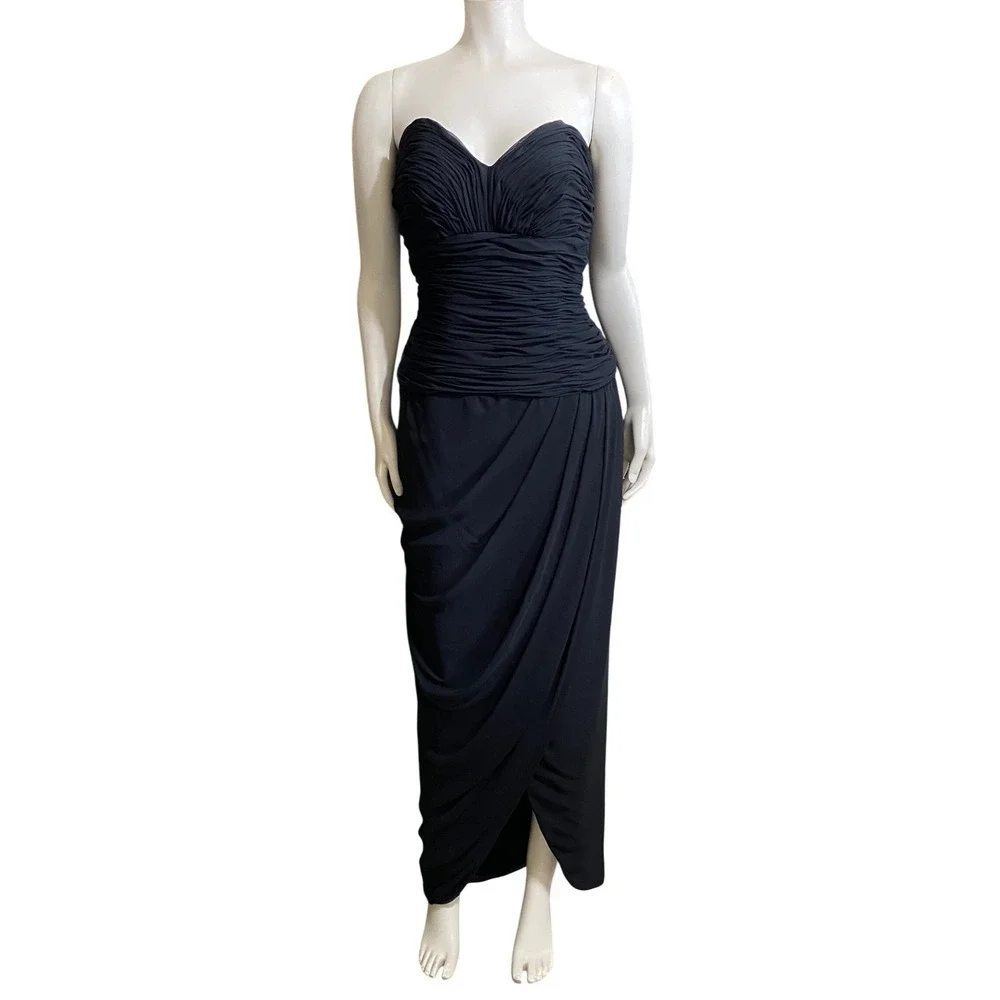 1990s Fred Hayman Beverly‎ Hills Strapless Ruched Evening Gown Black Dress 10